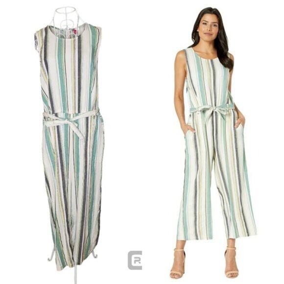 Vince Camuto Linen Blend Striped Daybreak Cropped Jumpsuit Size Large - Picture 1 of 7